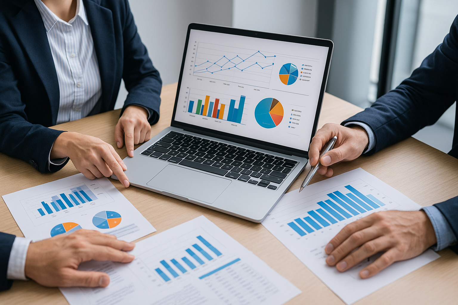 consultores analizando gráficos financieros y KPIs en laptop sobre mesa de oficina moderna, vista cenital
