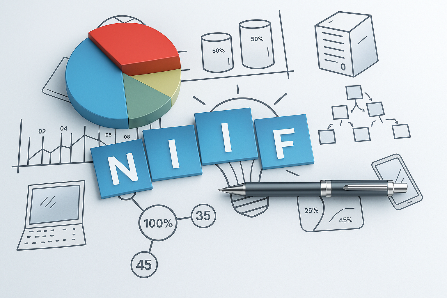 gráfico financiero con la palabra NIIF en azul, acompañado de diagramas contables y una pluma sobre fondo blanco